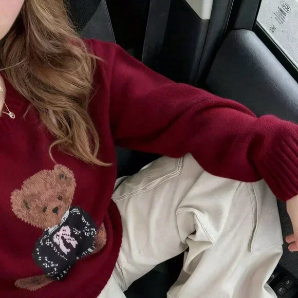 Burgundy Casual Women's Bear Pattern Knit Pullover Sweater - Picture 4 of 5